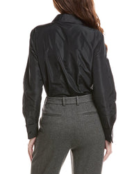 Lafayette 148 New York Collared Wrap Front Bodysuit W/ Fren