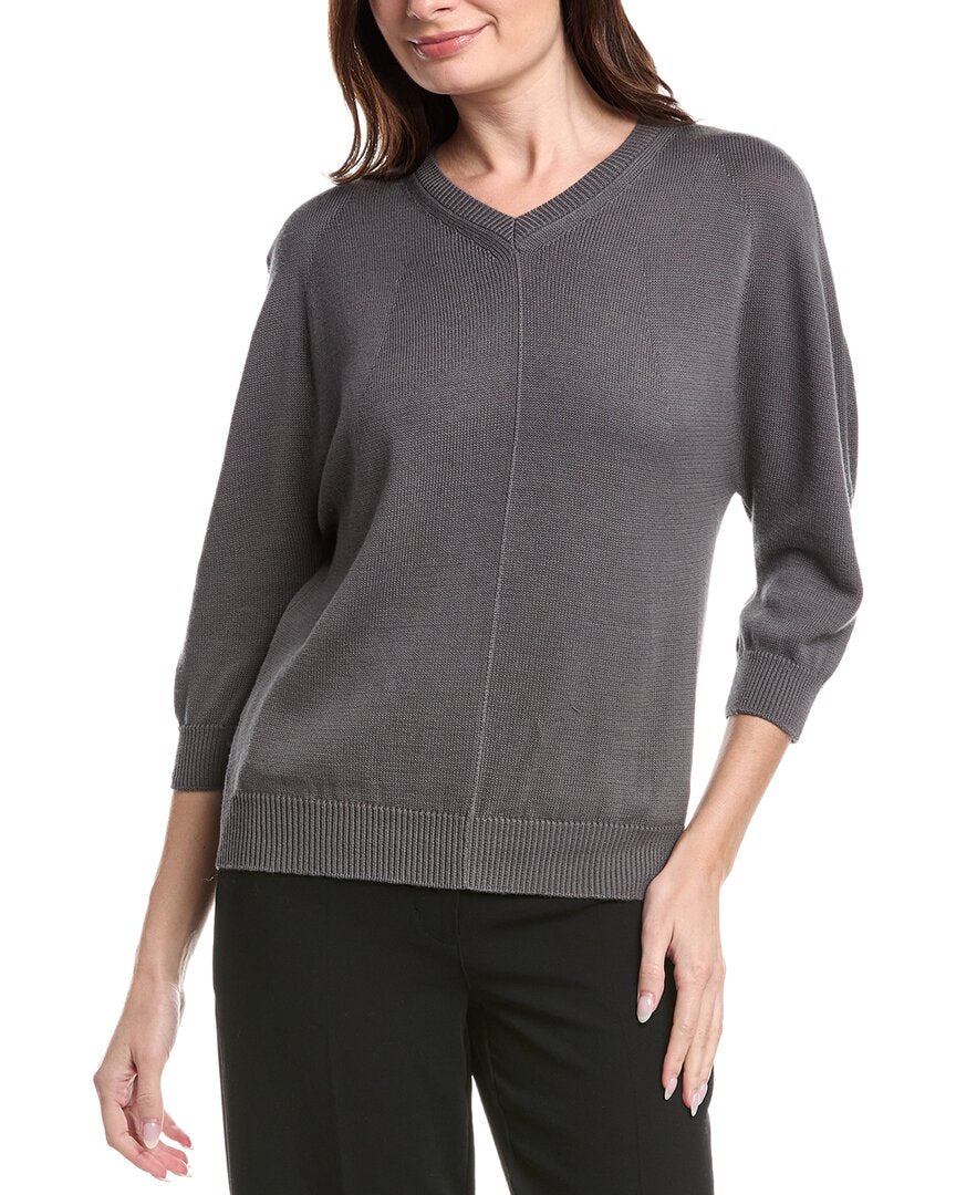 Lafayette 148 New York V Neck Blouson Sleeve Silk Sweater
