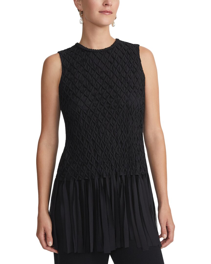 Lafayette 148 New York Hand-Smocked Lattice Fringe Silk Blouse