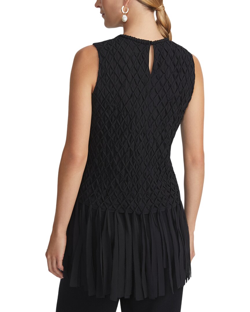 Lafayette 148 New York Hand-Smocked Lattice Fringe Silk Blouse
