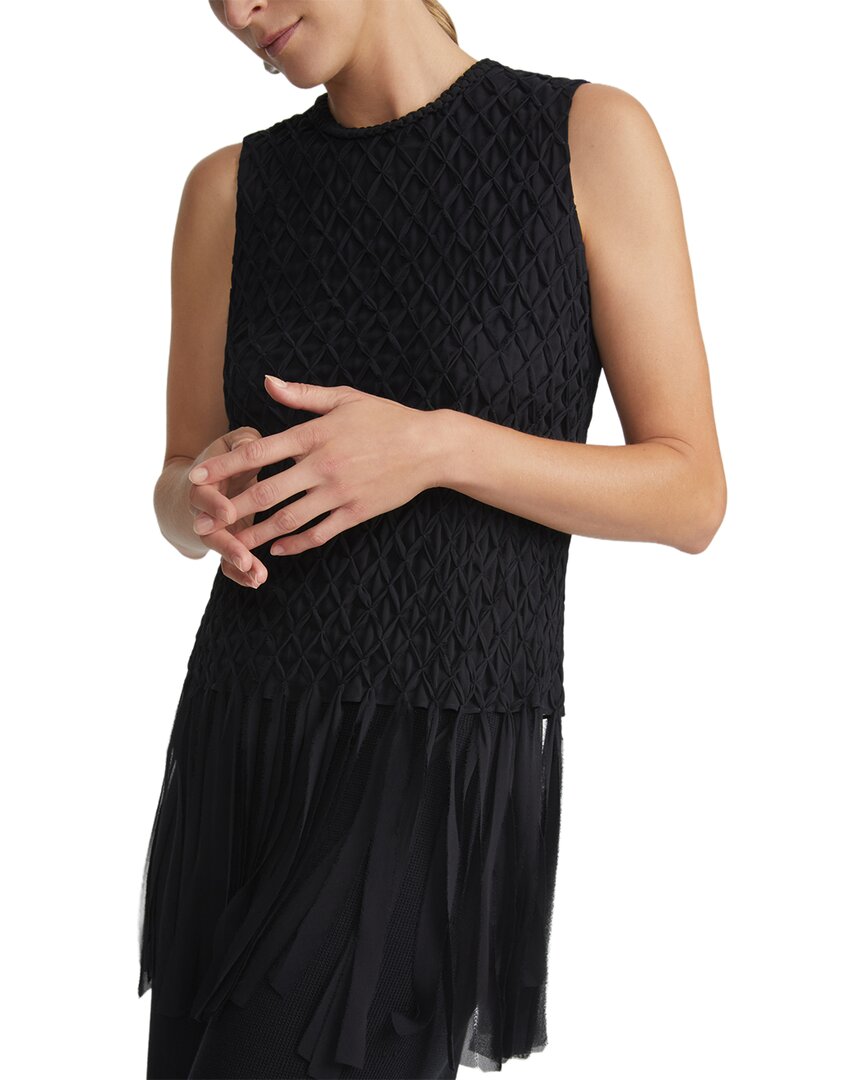 Lafayette 148 New York Hand-Smocked Lattice Fringe Silk Blouse