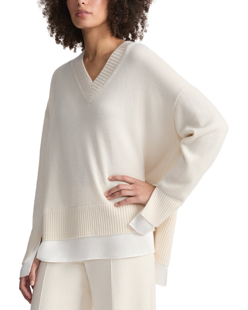 Lafayette 148 New York Lafayette 148 New York Charmeuse Trimmed V-Neck Cashmere Sweater