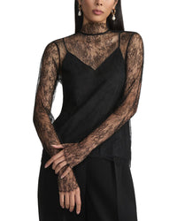 Lafayette 148 New York Lace Trim Mock Neck Silk-Blend Blouse