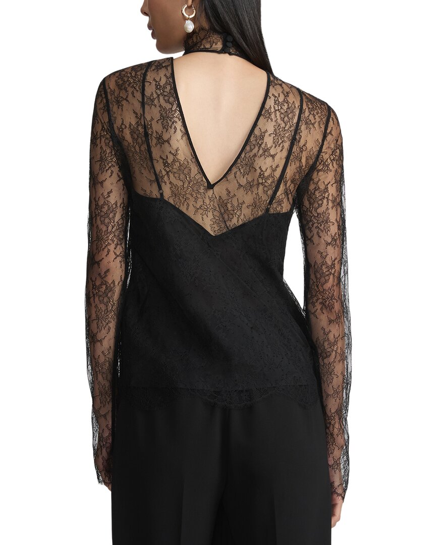 Lafayette 148 New York Lace Trim Mock Neck Silk-Blend Blouse