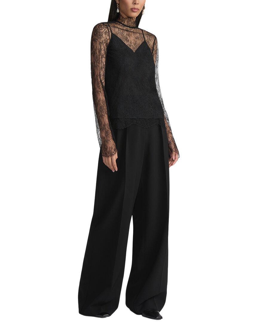 Lafayette 148 New York Lace Trim Mock Neck Silk-Blend Blouse