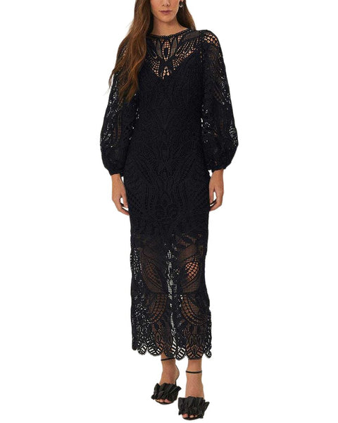 knee length dresses for ladies Farm Rio Nature Black Guipure Midi Dress, Black / Regular 00 (XXS)