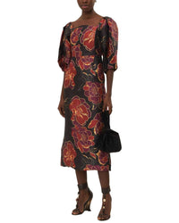 Farm Rio Shiny Chita Black Short Sleeve Midi Dress