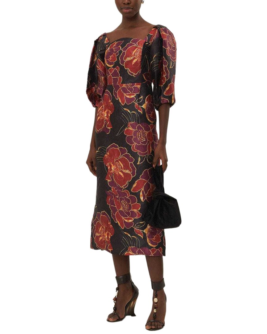 Farm Rio Shiny Chita Black Short Sleeve Midi Dress