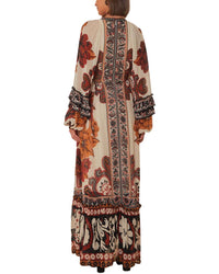 Farm Rio Winter Tapestry Sand V Neckline Long Sleeve Maxi Dress