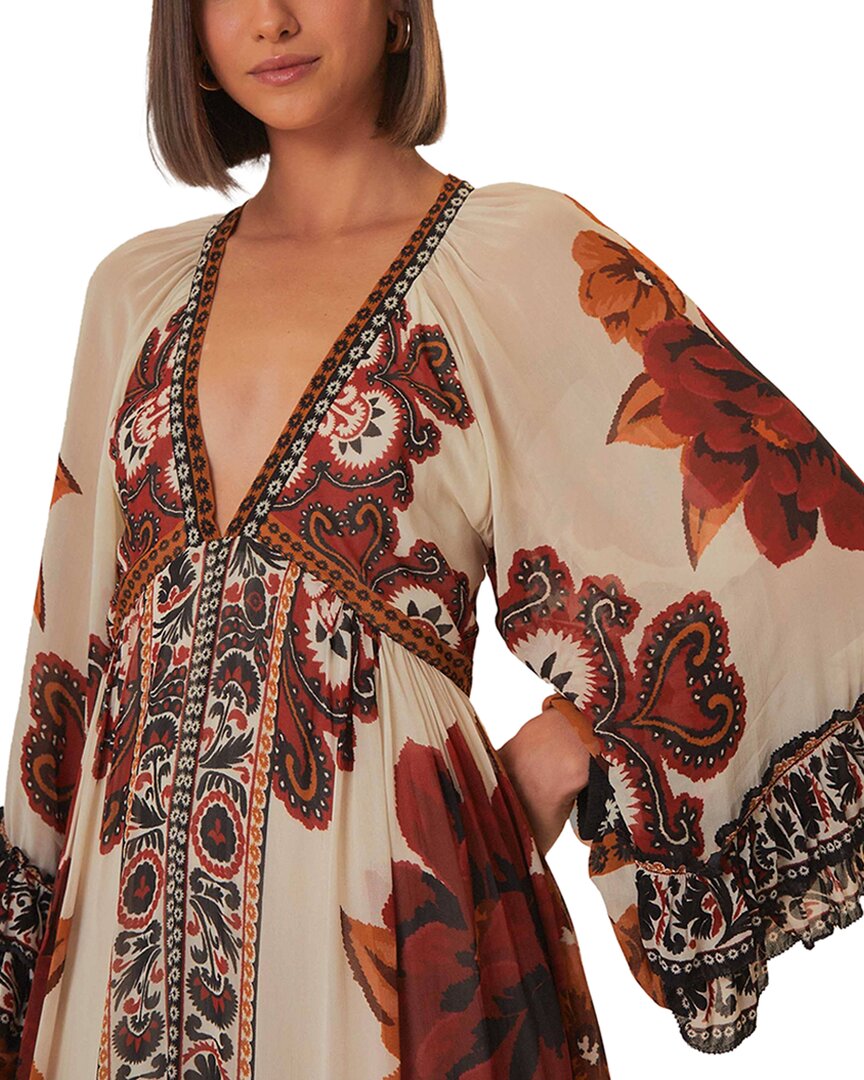 Farm Rio Winter Tapestry Sand V Neckline Long Sleeve Maxi Dress