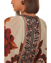 Farm Rio Winter Tapestry Sand V Neckline Long Sleeve Maxi Dress