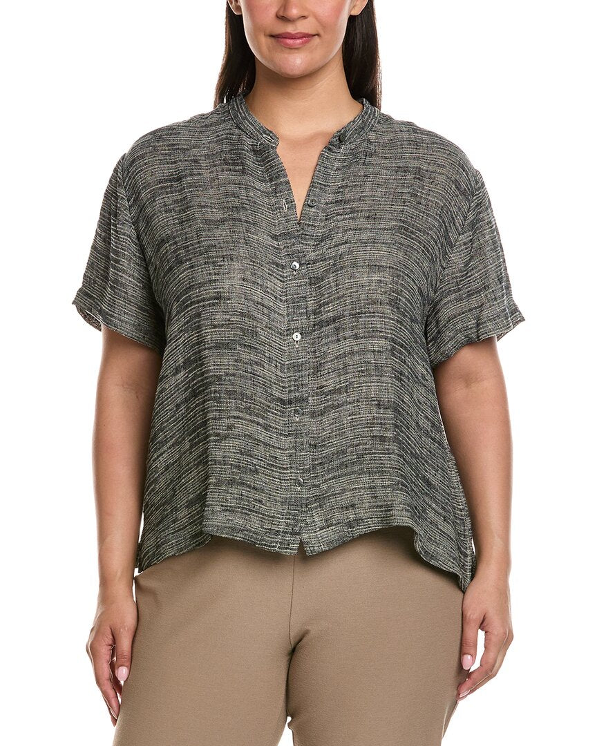 EILEEN FISHER Eileen Fisher Plus Mandarin Collar Linen-Blend Shirt