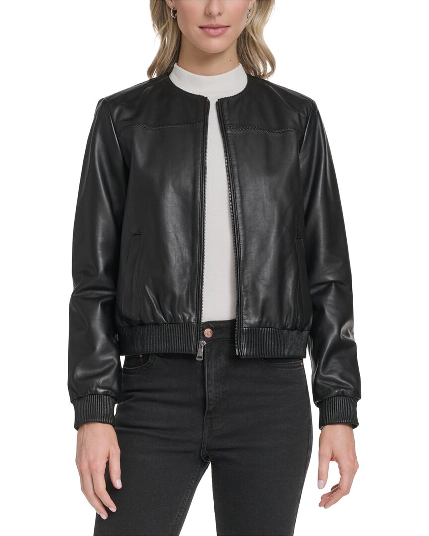 Cole Haan Collarless Leather Bomber Jacket