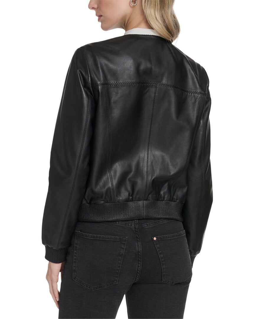 Cole Haan Collarless Leather Bomber Jacket