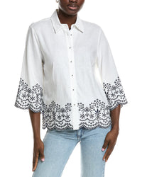 Jones New York Cropped Sleeve Linen-Blend Blouse