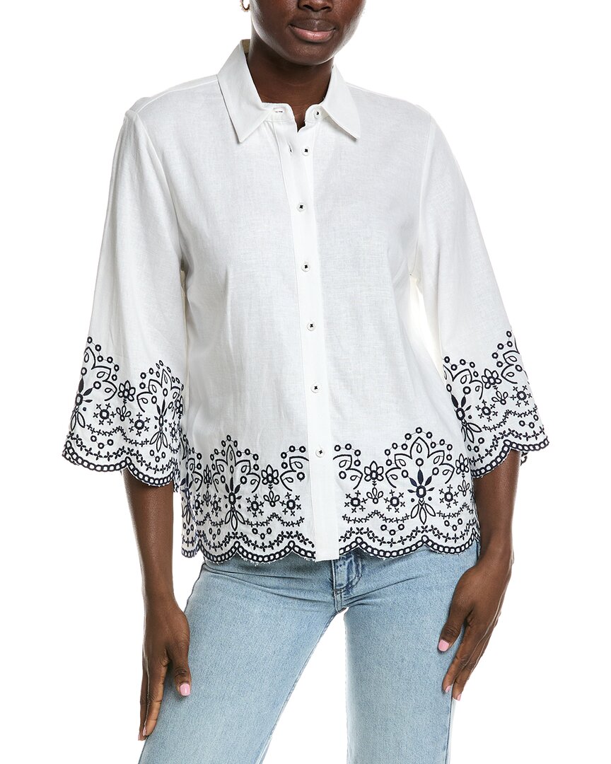 Jones New York Cropped Sleeve Linen-Blend Blouse