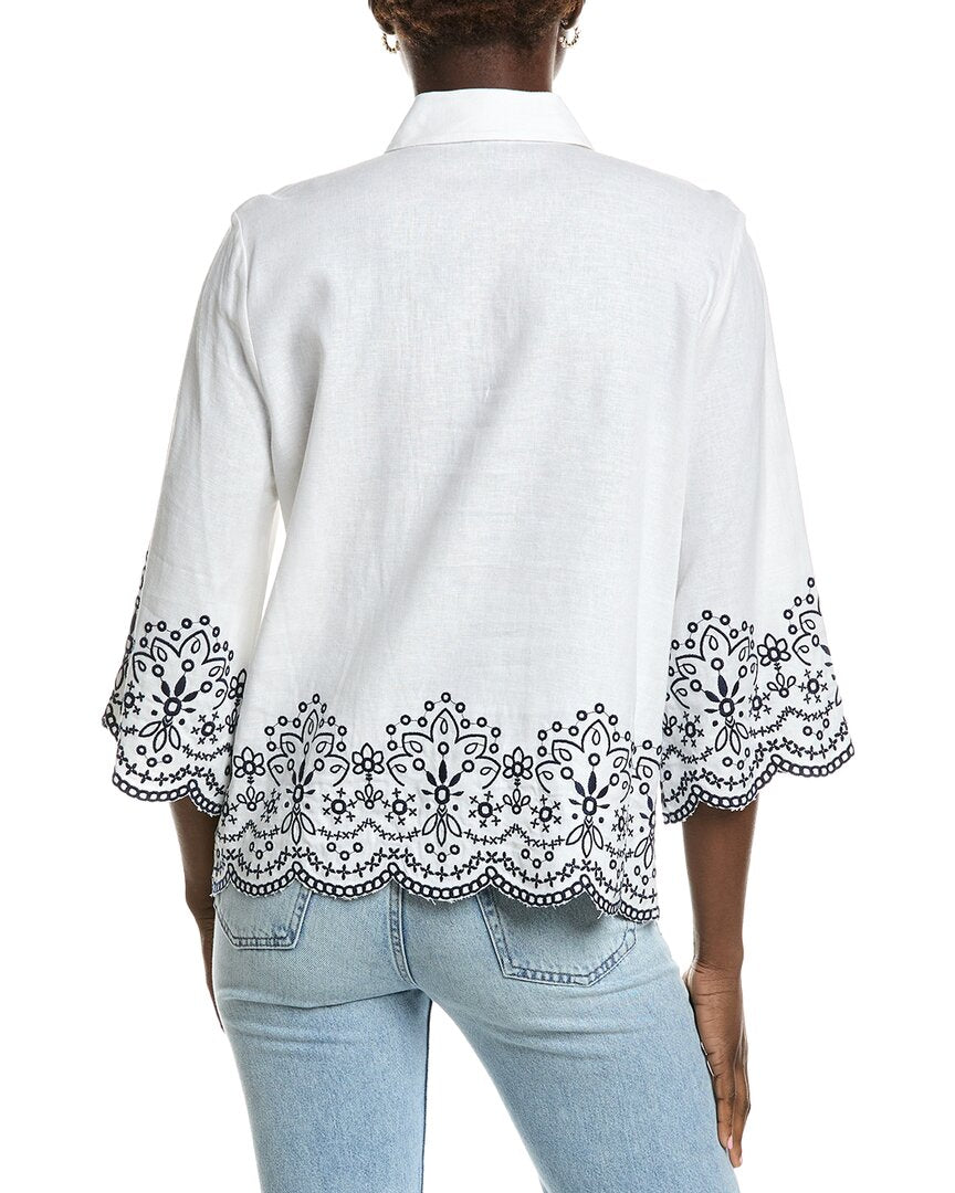 Jones New York Cropped Sleeve Linen-Blend Blouse