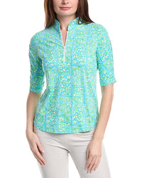 Ibkul Ruched Elbow Sleeve Mandarin Collar Top