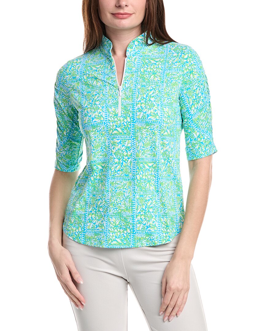 Ibkul Ruched Elbow Sleeve Mandarin Collar Top