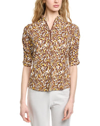 Ibkul Ruched Elbow Sleeve Mandarin Collar Top