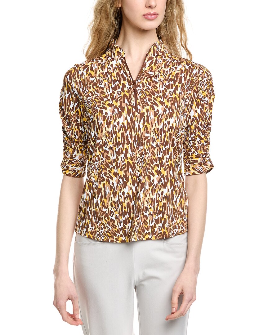 Ibkul Ruched Elbow Sleeve Mandarin Collar Top