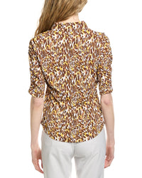 Ibkul Ruched Elbow Sleeve Mandarin Collar Top