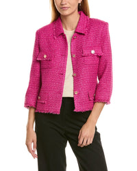 St. John Solid Textured Tweed Shirt Collar Fringe