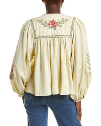 Farm Rio Linen-Blend Tropical Flower Embroidered Sand Blouse