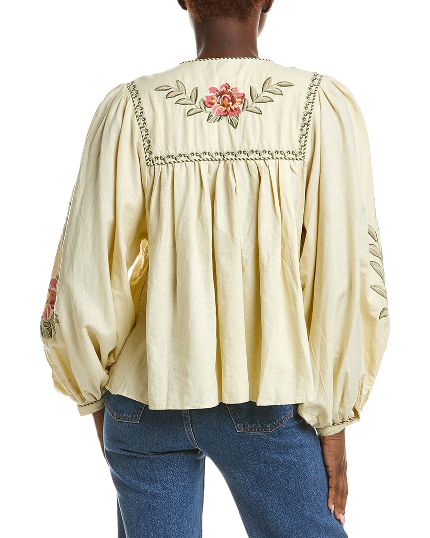Farm Rio Linen-Blend Tropical Flower Embroidered Sand Blouse