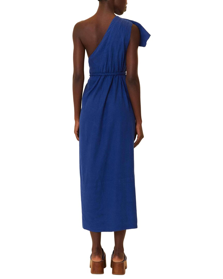 Farm Rio Linen-Blend Navy One Shoulder Leaf Maxi Dress