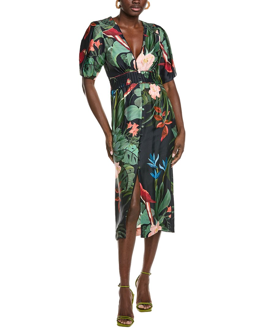 Farm Rio Midnight Macaw Fiesta V Neckline Midi Dress