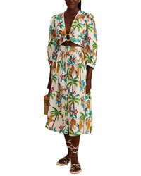 Farm Rio Linen-Blend Tropical Paradise Midi Skirt