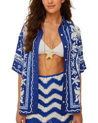 Farm Rio Linen-Blend Ocean Scarf Shirt