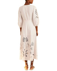 Farm Rio Linen-Blend Richelieu Cut Out Midi Dress