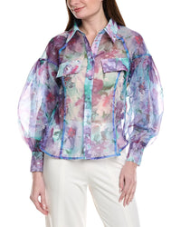 Gracia Floral Print Mesh Puffed Sleeve Shirt Top