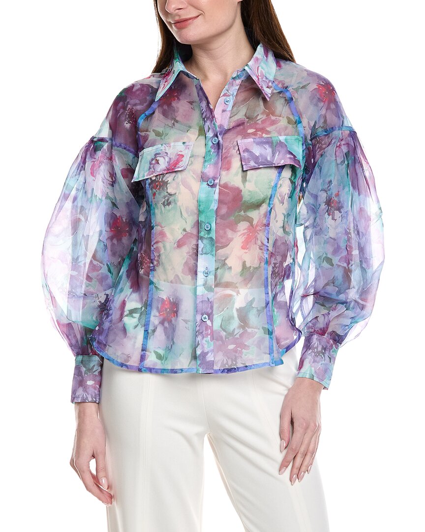 Gracia Floral Print Mesh Puffed Sleeve Shirt Top