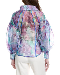 Gracia Floral Print Mesh Puffed Sleeve Shirt Top