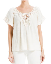 Max Studio Flutter Sleeve Crochet Yoke Knit Top