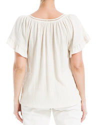Max Studio Flutter Sleeve Crochet Yoke Knit Top