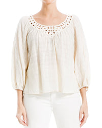 Max Studio 3/4-Bubble Sleeve Crochet Neck Top
