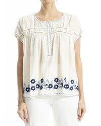 Max Studio Embroidered Cap Sleeve Notch Neck Top