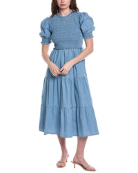 Sail To Sable Puff Sleeve Smocked Midi Dress