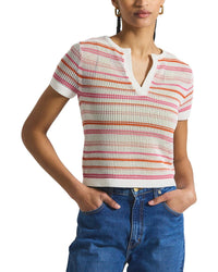 Derek Lam 10 Crosby Andy Corded Mesh Split Neck Short Sleeve Sweater