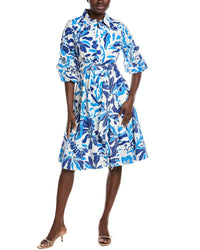 Gracia Pleated Puffed Sleeve A-Line Shirtdress