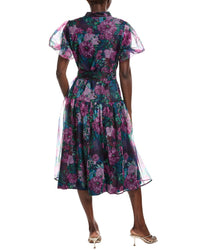 Gracia Puff Sleeve Band Collar Organza Midi Dress