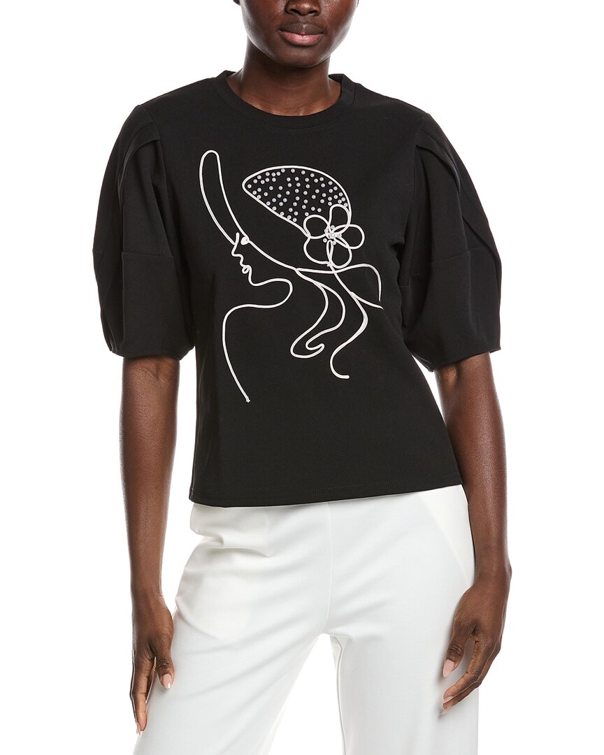 Gracia Abstract Face Embroidered Puff Sleeve Top