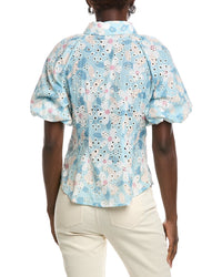 Gracia Floral Print Eyelet Puff Sleeve Button Down Shirt