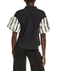 Gracia Embroidered Band V-Neck Puffed Sleeve Top