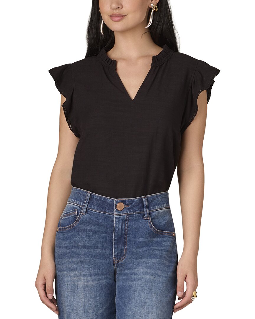 Wit & Wisdom Cap Flutter Sleeve Ruffle Split Neck Top