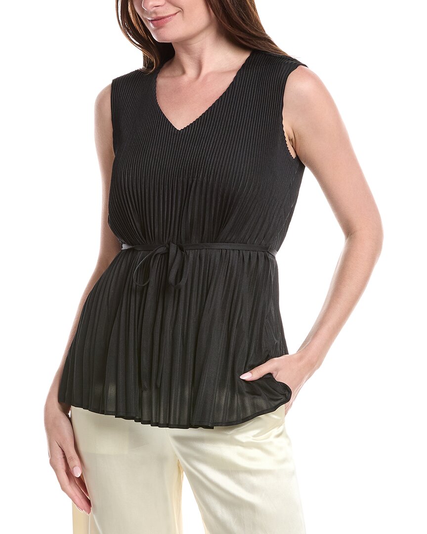 Misook V-Neck Tie-Waist Pleated Crepe De Chine Tank Top